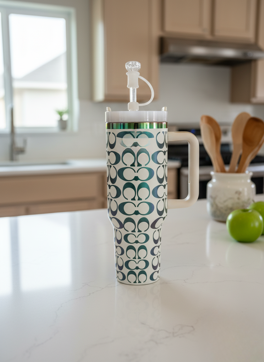 1,18 l Edelstahl Thermobecher mit holografischem Monogramm – Weiß