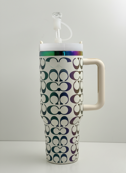 1,18 l Edelstahl Thermobecher mit holografischem Monogramm – Weiß