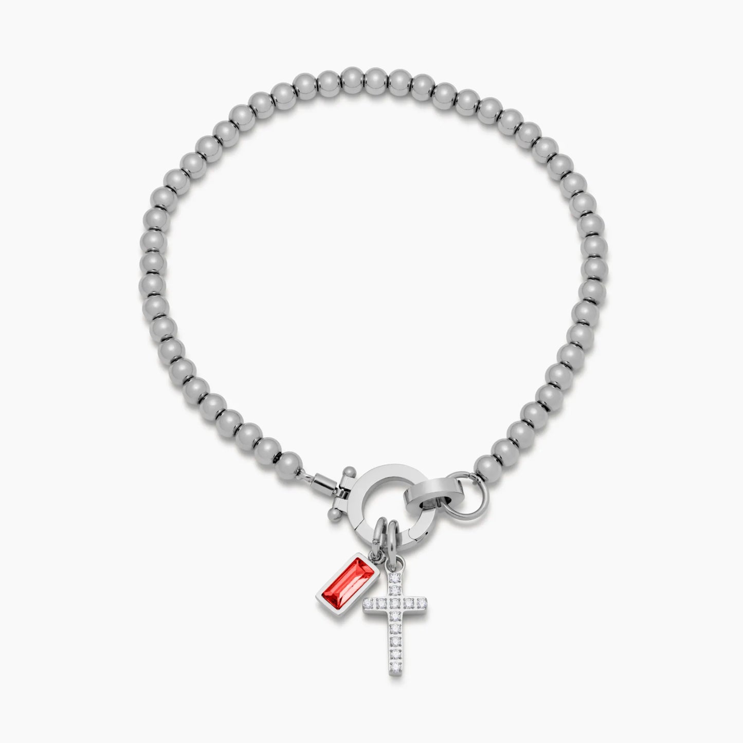 Perlenarmband mit Kreuz-Charm und Geburtsstein